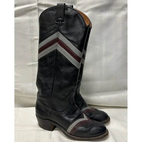 Vintage Miss Capezio Women's 5.5 Western Cowboy Boots Black Leather V-Stripe - Picture 2 of 16
